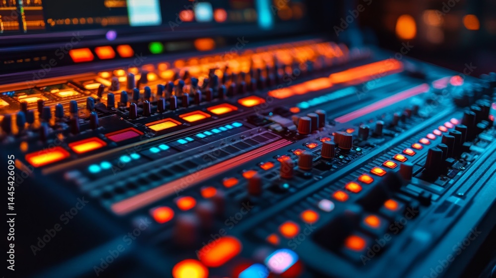Bright LED remote control with backlighting in the studio. Suitable for music themes, technology blogs, equipment advertising.