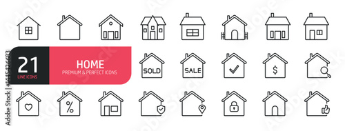 Set of line icons related to house, door, roof, building, family. Outline icons collection. Editable stroke. Vector illustration.