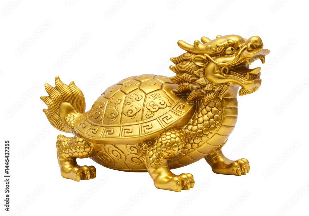金色のドラゴン亀の彫刻 透明な背景に孤立した芸術的な黄金色の置物 金色のドラゴン亀の彫刻 透明な背景に孤立した芸術的な黄金色の置物