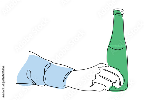 Vector abstract continuous one single simple line drawing icon of hand holding a beer bottle in silhouette sketch. Editable stroke. 