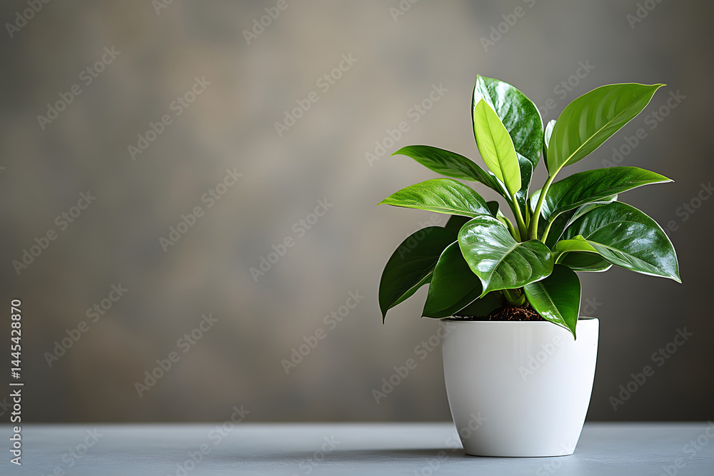 Fototapeta premium Potted Plant Serenity: A vibrant, potted houseplant in a minimalist white pot sits gracefully on a light surface, set against a muted background, conveying a sense of tranquility and freshness.