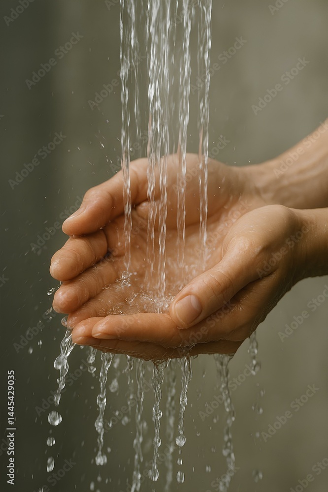 Fototapeta premium Fresh water streaming over open hands with droplets falling