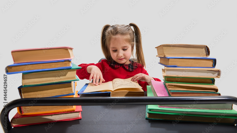 Girl in red sweater surrounded by tall stacks of books focuses on reading open textbook on desk against white background. Concept of education, library study, knowledge, early learning, and curiosity. Girl in red sweater surrounded by tall stacks of books focuses on reading open textbook on desk against white background. Concept of education, library study, knowledge, early learning, and curiosity.