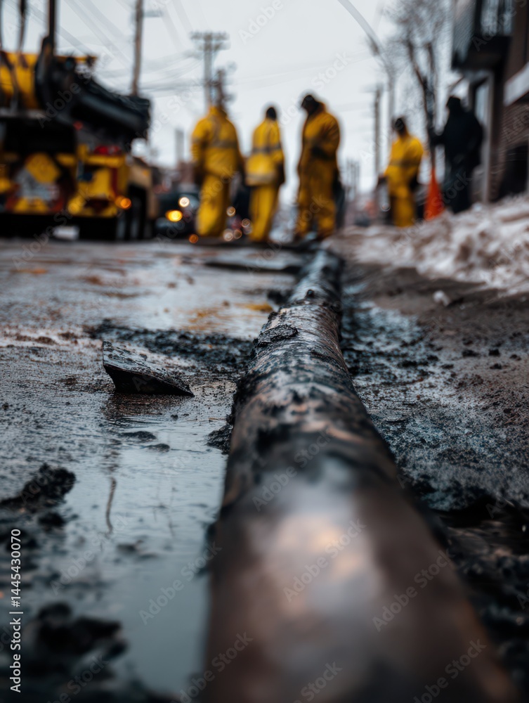 Naklejka premium a pipe laying on the ground, with workers in yellow reflective coats working behind it