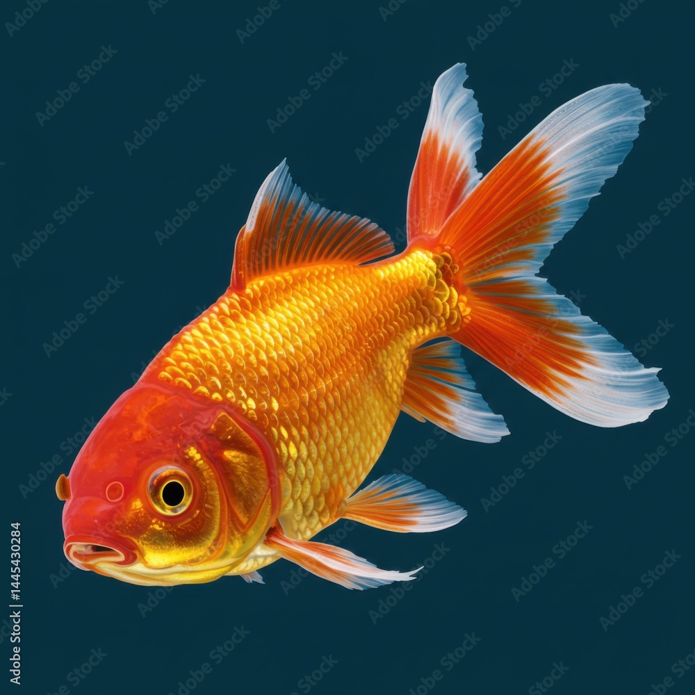 A vibrant goldfish with orange and white fins swimming in a dark blue background in a studio shot A vibrant goldfish with orange and white fins swimming in a dark blue background in a studio shot