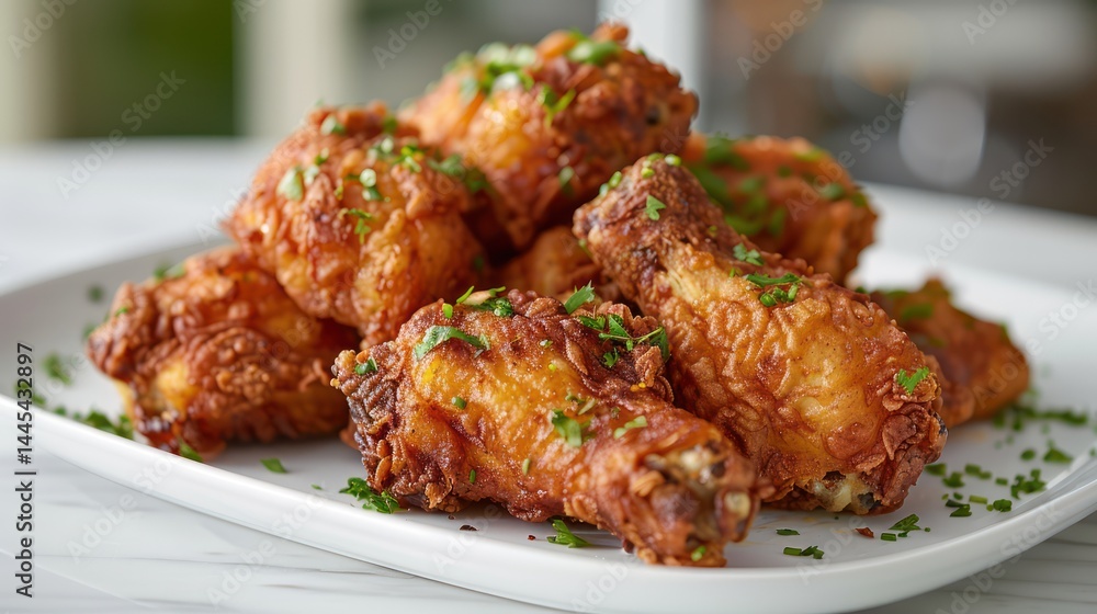 Golden fried chicken feast on white plate Golden fried chicken feast on white plate