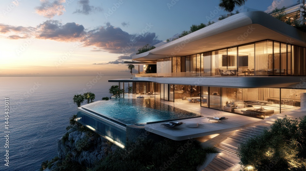Fototapeta premium Luxury cliffside house with multiple floors, modern architecture, overlooking the sea, background wallpaper AI generated image