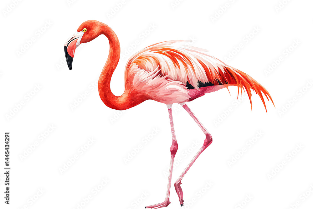 Obraz premium Pink flamingo illustration PNG, tropical bird digital art, standing flamingo with black beak, isolated flamingo image transparent background