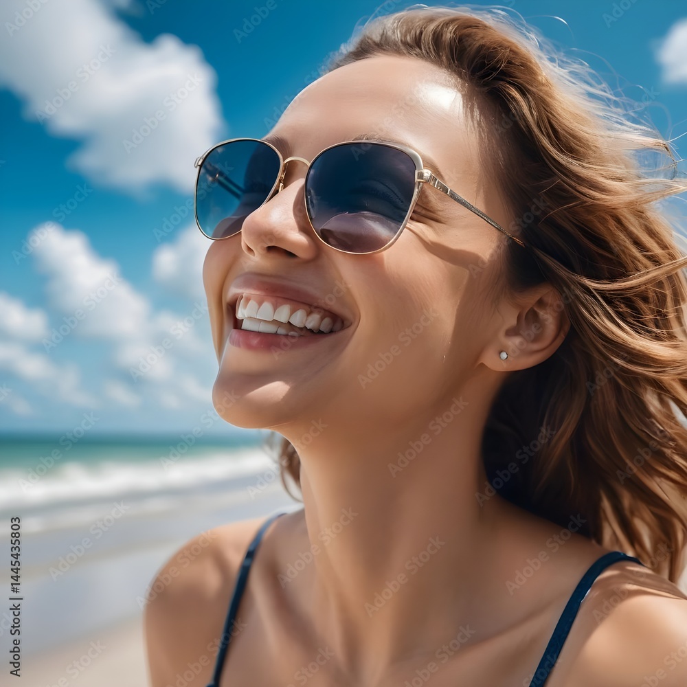 Happy Woman Smiling on Beach Wearing Sunglasses Happy Woman Smiling on Beach Wearing Sunglasses