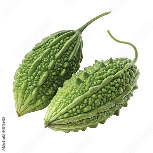 Fresh organic vegetables include spinach leaves, green cabbage, and bitter melon isolated on white, representing healthy agriculture and raw food