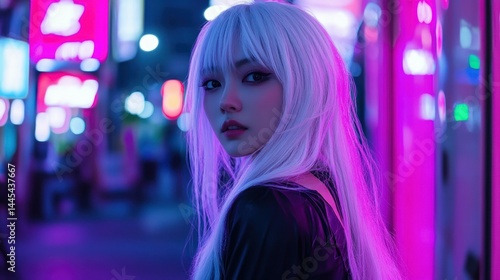 An anime-style white-haired Asian woman in a neon-lit city, background wallpaper AI generated image