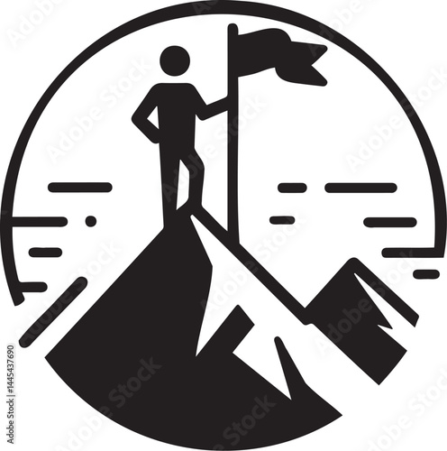 Victorious figure holding flag on mountain peak in minimalist black and white style