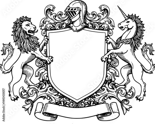 A heraldry crest lion and unicorn horse family coat of arms heraldic shield emblem design in an old medieval vintage style

