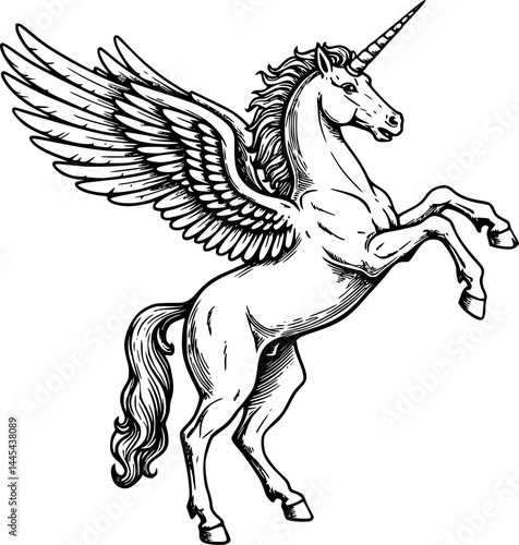 A heraldry coat of arms crest style rearing heraldic unicorn Pegasus winged horse standing on hind legs in a vintage style
