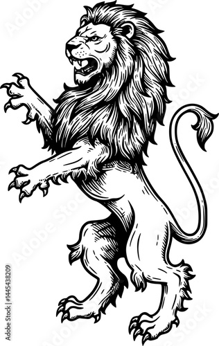 A heraldry coat of arms crest style rearing heraldic lion standing on hind legs in a vintage style. vector