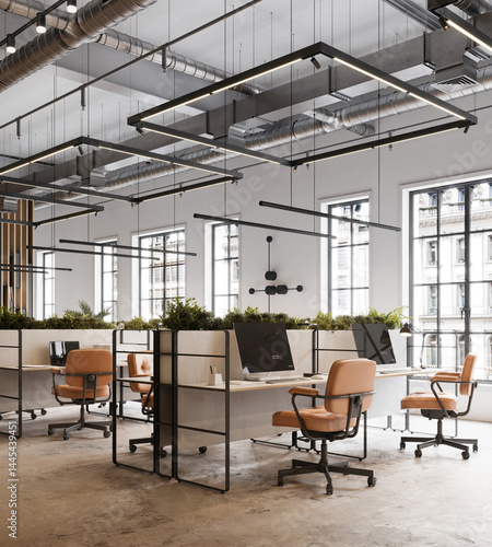 Fototapeta Naklejka Na Ścianę i Meble -  Modern open-plan  loft office space with wood and glass elements, bright lighting, cityscape background, concept of contemporary workspace. 3D Rendering