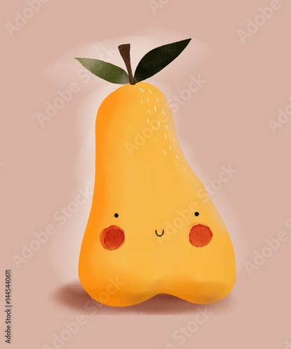 Cheerful Hand Drawn Yellow Pear On A Beige Background. Vector Illustation Of Childish Drawing-like Smiling Pear. Nursery Art With Kawaii Style Happy Fruit. Kids Room Decoration With Funny Fruit. 