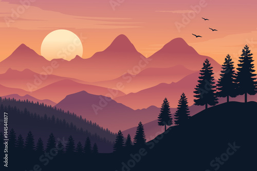 Silhouette of Scenic Sunset Over Mountain Valley, Peaceful Nature Scene With Palm Trees and Birds, Layered Hills and Warm Twilight Sky.