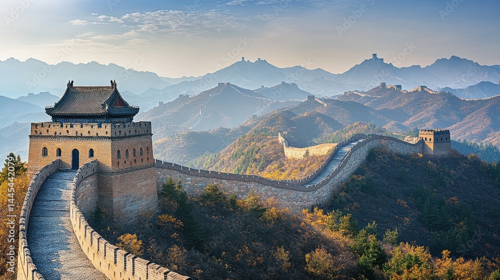 Fototapeta premium Great wall of china in autumn: majestic mountain landscape with historic architecture