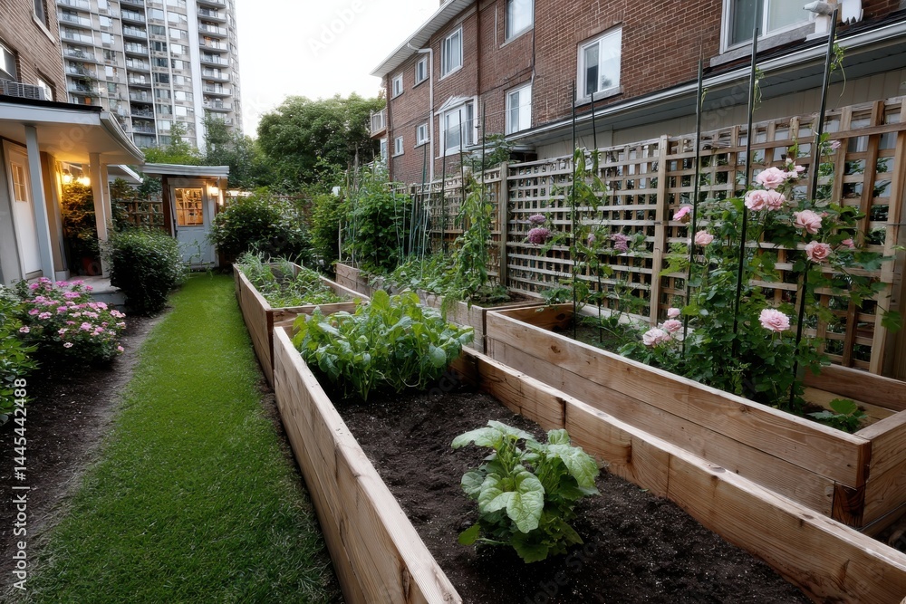 An urban garden featuring wooden raised beds brimming with fresh vegetables and flowers, highlighting the harmony between nature and city life, fostering sustainability. An urban garden featuring wooden raised beds brimming with fresh vegetables and flowers, highlighting the harmony between nature and city life, fostering sustainability.