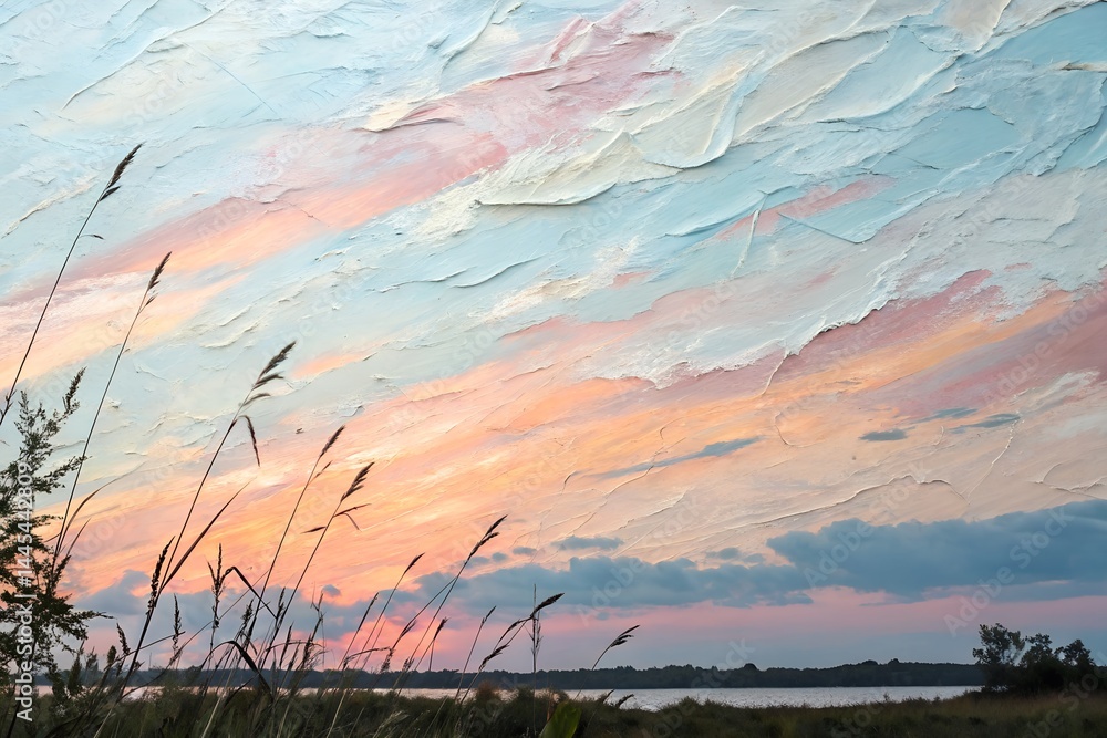 Tranquil Sunset Over Water Pastel Sky and Reeds