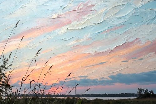 Obraz na płótnie Tranquil Sunset Over Water Pastel Sky and Reeds w salonie