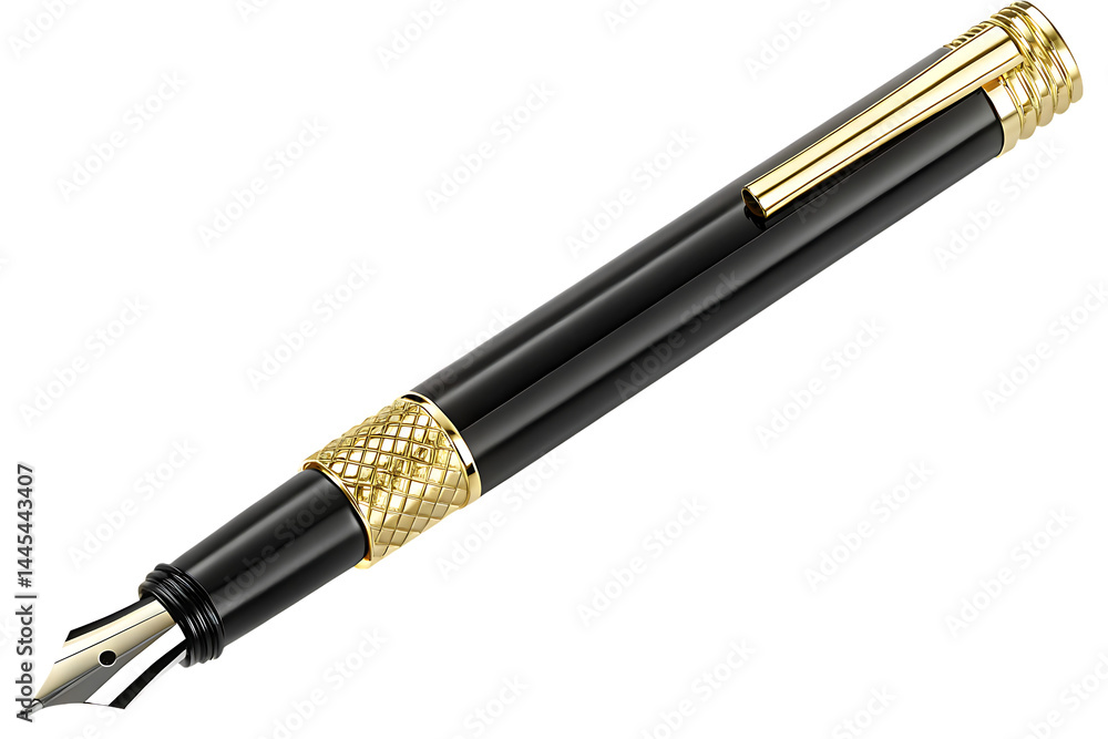 Close up of black and gold fountain pen writing instrument isolated on white background PNG Close up of black and gold fountain pen writing instrument isolated on white background PNG