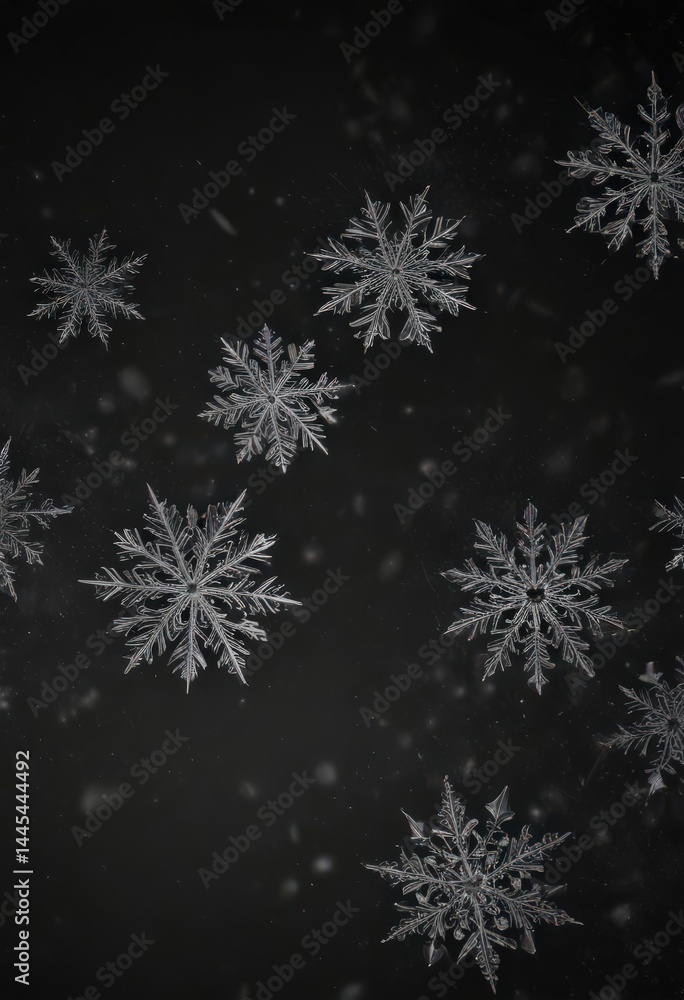 Intricate snowflakes falling against a pure black backdrop , detail, view Intricate snowflakes falling against a pure black backdrop , detail, view