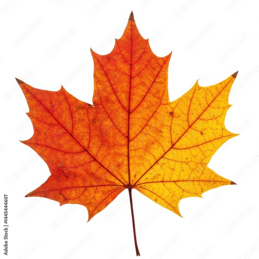 Close up of a single maple leaf showing autumn colors isolated against a white background in studio lighting Close up of a single maple leaf showing autumn colors isolated against a white background in studio lighting