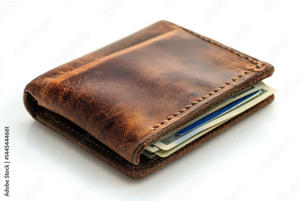 Rustic brown leather wallet holding cash and cards detailed stitching isolated on white background Rustic brown leather wallet holding cash and cards detailed stitching isolated on white background