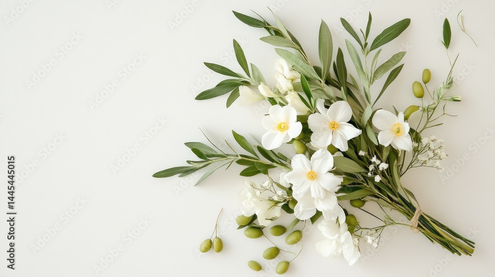 Fototapeta premium Minimalist bouquet of white blossoms and olive sprigs, styled for a rustic wedding