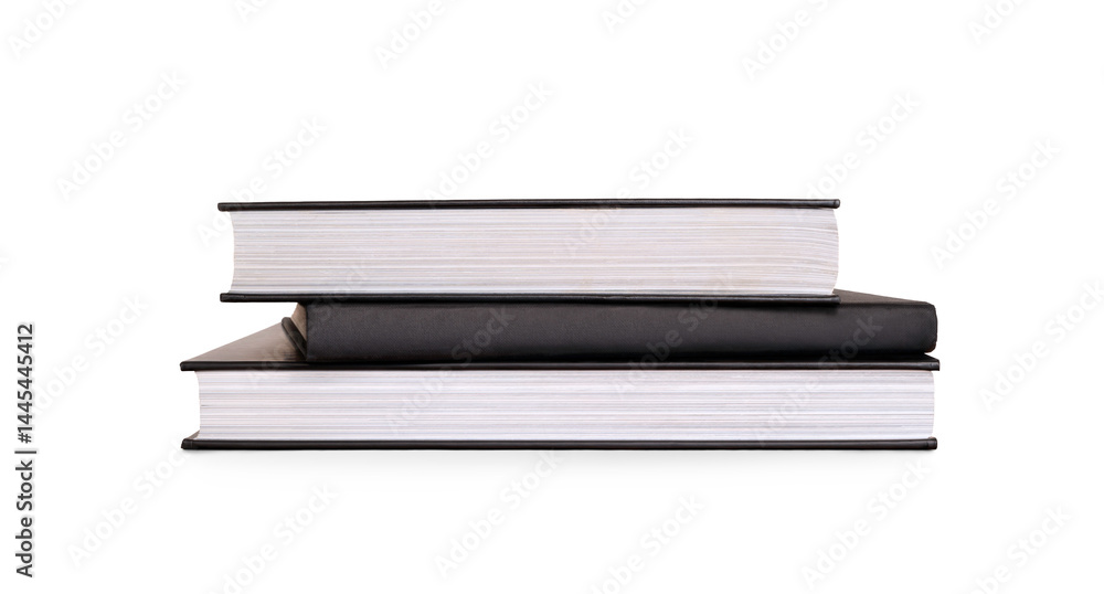 A front on view of a pile of study books, textbooks, on a table isolated against a transparent background