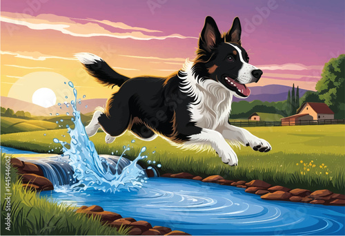 This image shows a happy black and white dog jumping over a stream in a sunny, grassy field.