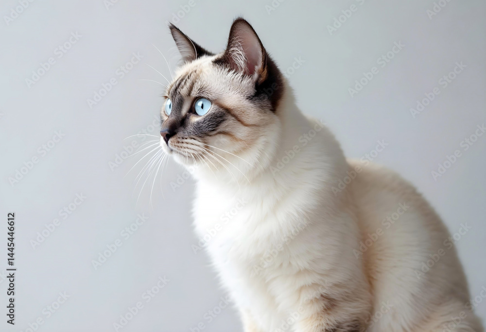 A fluffy Ragdoll cat with striking blue eyes sitting and looking sideways against a clean white background A fluffy Ragdoll cat with striking blue eyes sitting and looking sideways against a clean white background