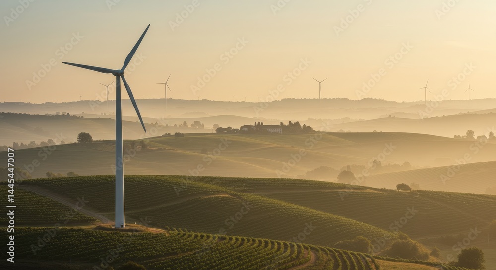 Obraz premium Wind park turbines generating power at sunset