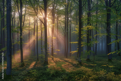 Fototapeta Naklejka Na Ścianę i Meble -  Enchanting beauty of misty forest at spring sunrise with dappled light, dew-covered scenery, and refreshing feeling of changing seasons captures vibrant essence of nature's renewal  