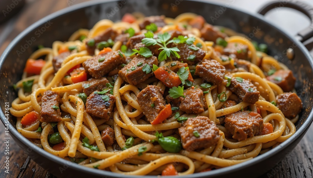A delicious plate of spaghetti topped with meatballs, olives, and fresh herbs, served in a black pan. The dish looks appetizing with vibrant colors and a mix of textures A delicious plate of spaghetti topped with meatballs, olives, and fresh herbs, served in a black pan. The dish looks appetizing with vibrant colors and a mix of textures