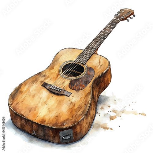 watercolor of Acoustic Guitar With Sunburst Finish, vector, isolated on a white background.