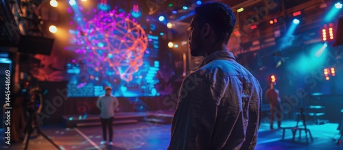 A theater director in a rehearsal space with an AI assistant as a holographic script providing scene direction and lighting cues. Actors in background. AIG60