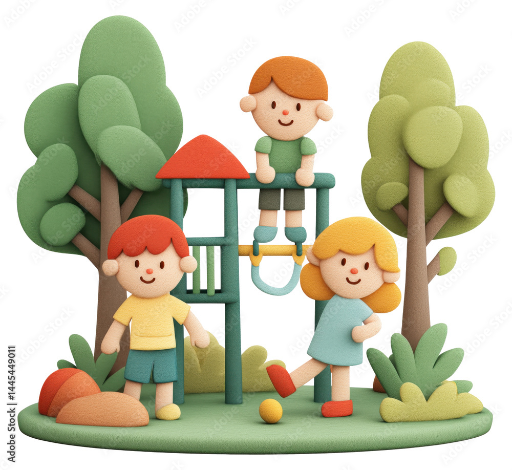 Children playing on a colorful playground with trees and greenery isolated on transparent background.