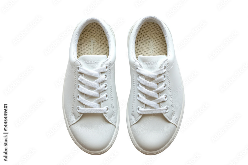 Pristine white leather sneakers minimalist design studio shot on white background Pristine white leather sneakers minimalist design studio shot on white background