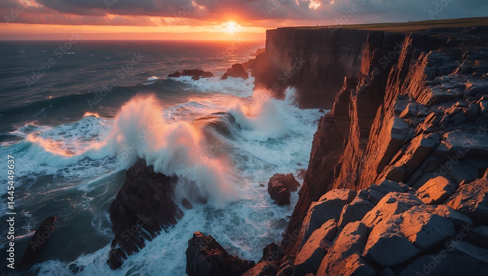 Fototapeta premium Ocean wave crashing on rock at sunset