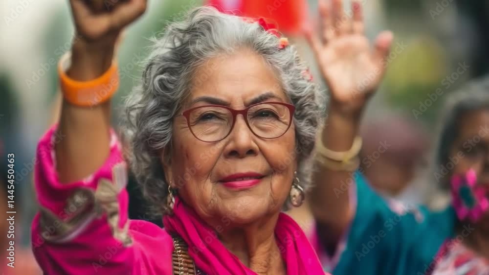 Older woman in brightly colored clothing with her hand raised, suitable for social projects, charity or adult stories.
Older woman in brightly colored clothing with her hand raised, suitable for social projects, charity or adult stories.