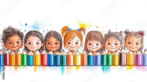 Wallpaper Mural Diverse children behind colorful pencils smiling joyfully Torontodigital.ca