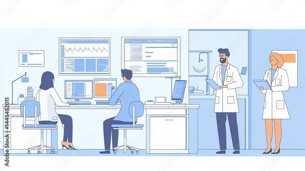 Medical Research Laboratory With Professionals Analyzing Disease Data Using Advanced Technology and Digital Equipment Medical Research Laboratory With Professionals Analyzing Disease Data Using Advanced Technology and Digital Equipment