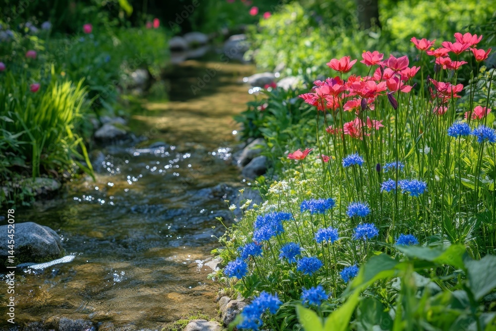 Naklejka premium Spring stream flows through colorful flower garden