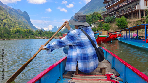 boat rowing, nong khiao in laos