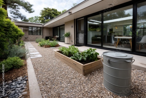 A chic gravel pathway is adorned with planter boxes filled with fresh greenery, evoking a sense of calmness and modern landscaping trends in urban habitats. photo