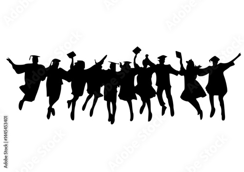 

Collection of silhouettes of university students celebrating graduation by jumping and throwing toga caps on transparent background