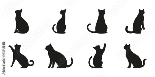 Cat Silhouettes In Various Poses Set. Feline Shapes For Design And Decoration. Isolated Vector Illustration Collection